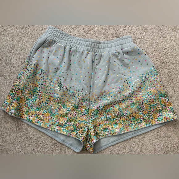 QUEEN OF SPARKLES Pants - Sequined Gray Women’s Shorts with Multicolor Sparkle